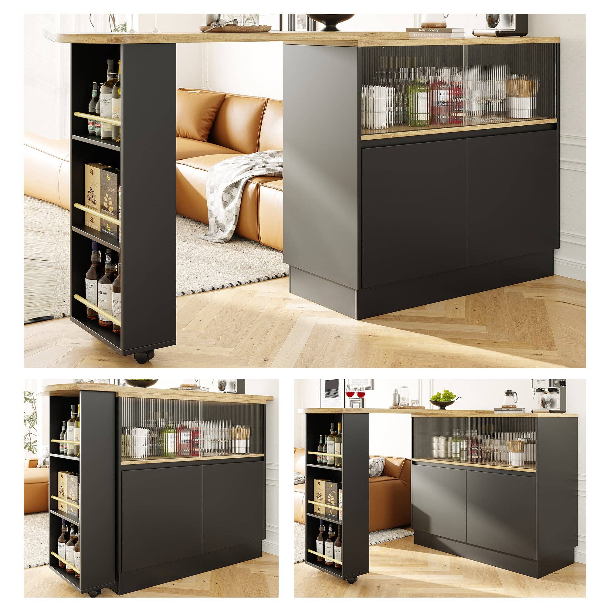 Urban Meuble - Wholesale Sideboard - Wood-effect and black bar table with 360° swivel storage and corrugated glass TINPLATE6
