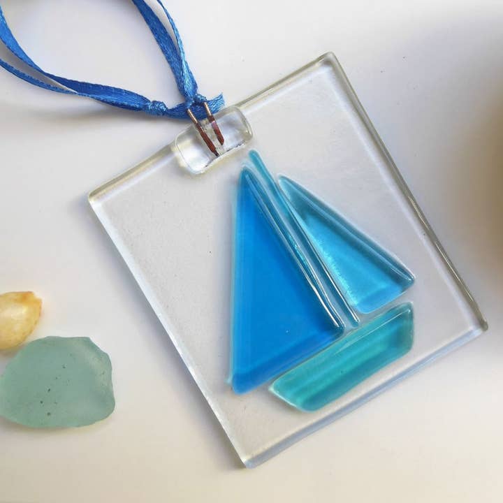 Fused glass hanging boat decoration - Topaz style for wholesale by Eva Glass Design