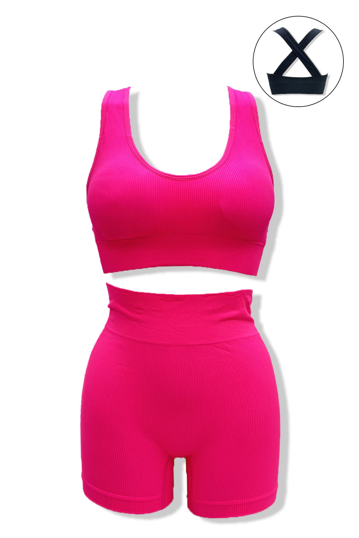 Belle Com'Elle – Großhandel Sportbekleidungsset – Damen – Geripptes Sportset mit Überkreuz-BH und Radlerhose4