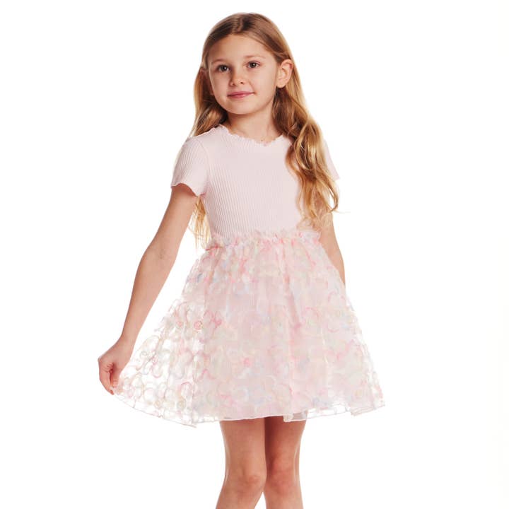Kids (2-6x) Rib Knit Dress with 3D Floral Tulle Skirt | Light Pink for wholesale on Faire