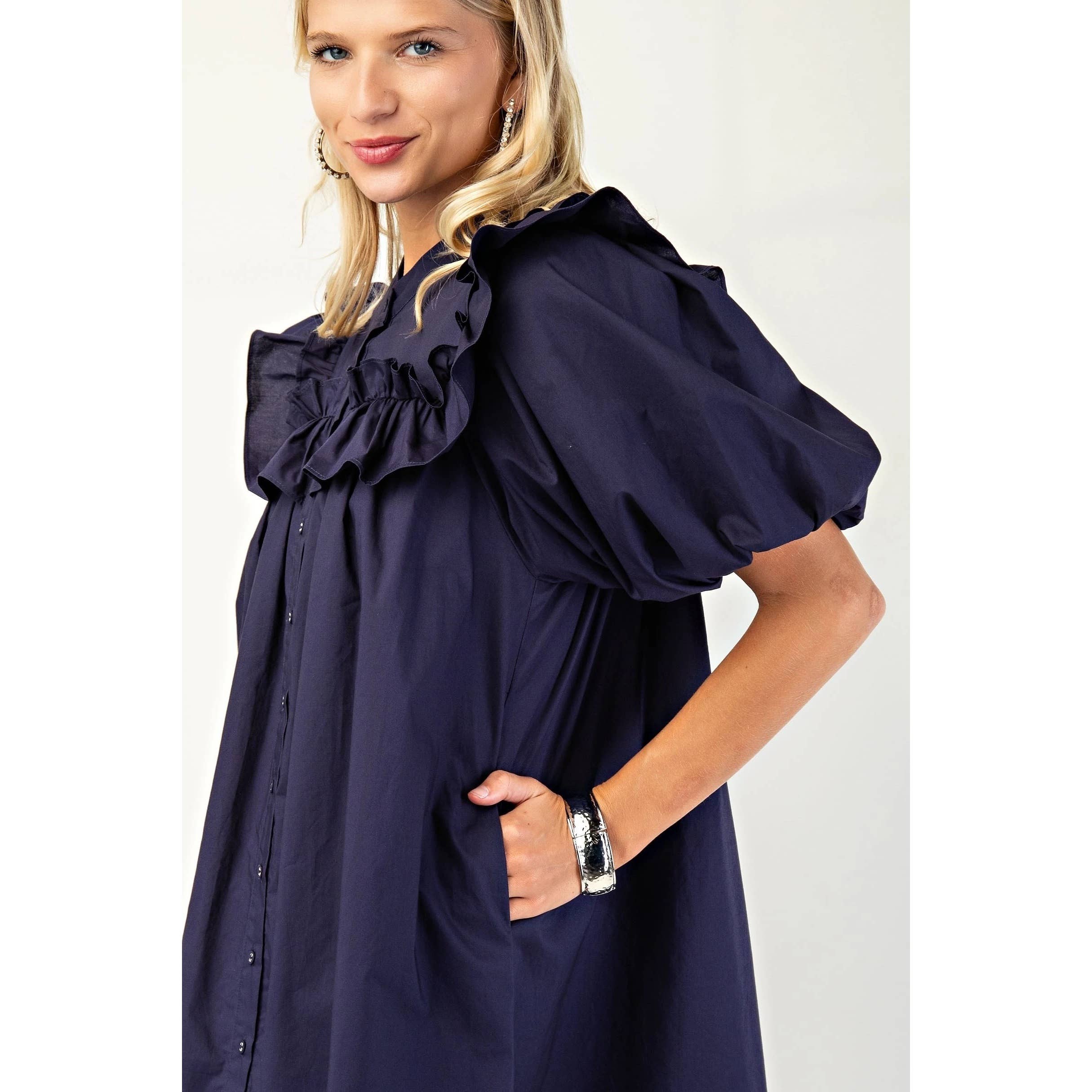 BNS - Wholesale Dress - Women's - Puff Sleeve Mini Dress w_Mandarin Collar n Ruffle16