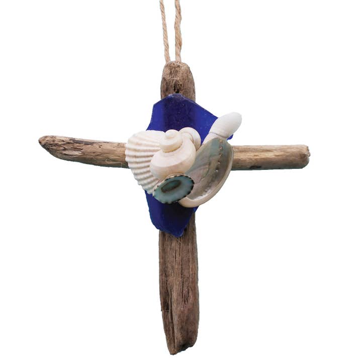 California Seashell Company - Wholesale Ornament - Driftwood Cross Ornament with Sea Glass
