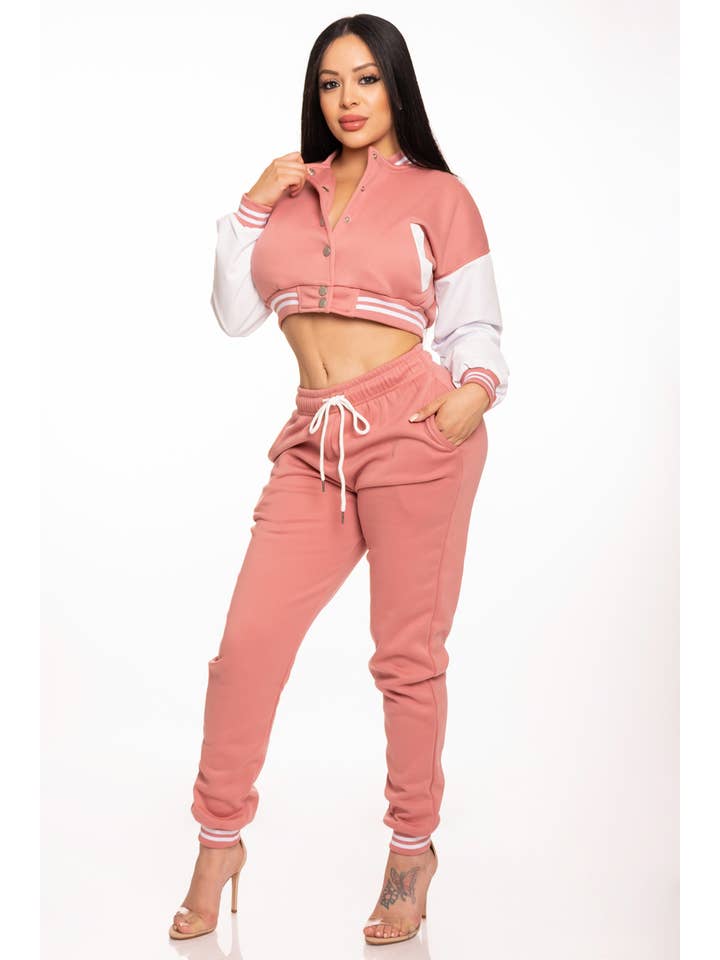 Lime All the Time - Wholesale Lounge set – Women's - Cropped Varsity Jacket and Jogger Pants Set7