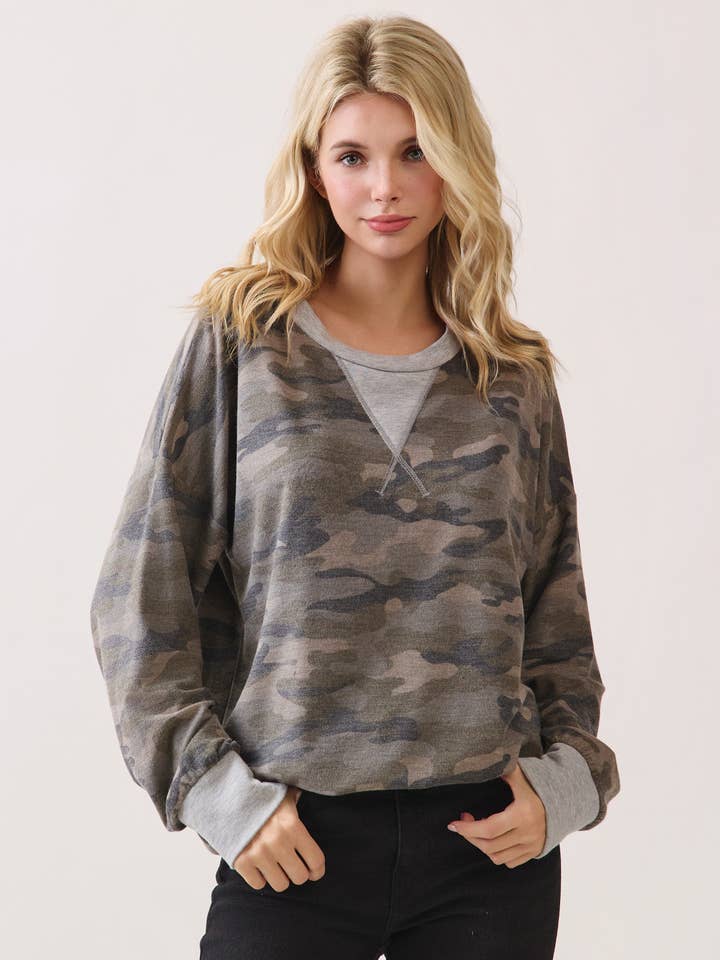 7th Ray - Wholesale Knit Top - Women's - Camo Terry Knit Pullover Top T61430