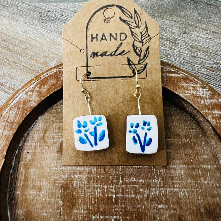 Handmade Clay Earrings - Square Shades of Blue Floral for wholesale by Keely Siebenthal Art & Designs