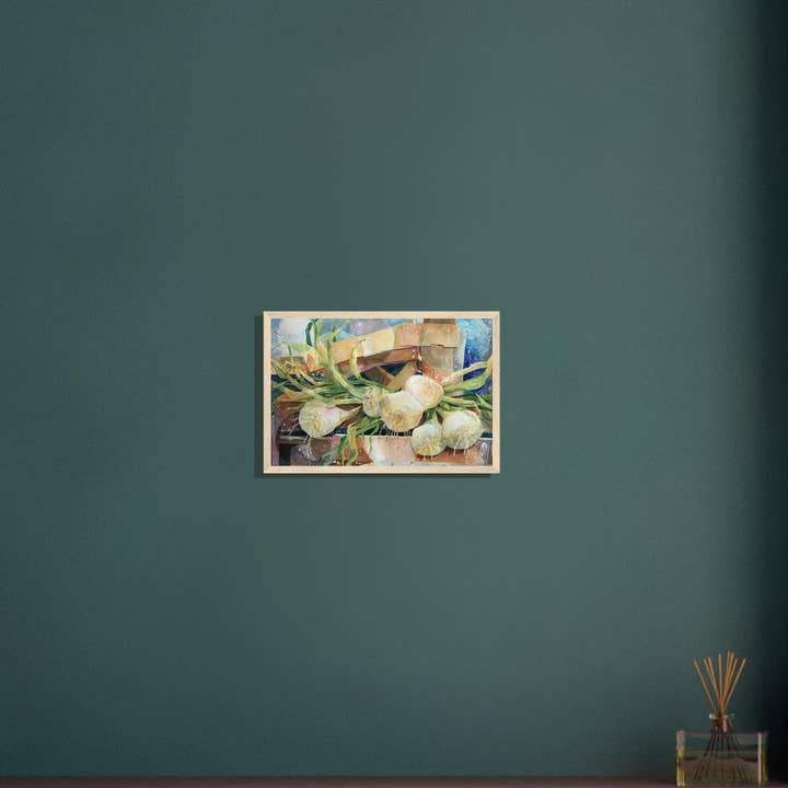 Barbara Cleary Designs - Vendita all'ingrosso Stampa artistica - Natura morta con cipolle ad acquerello | Stampa d'arte incorniciata in legno 12x18 | Opera originale dell'artista americana Barbara Cleary2