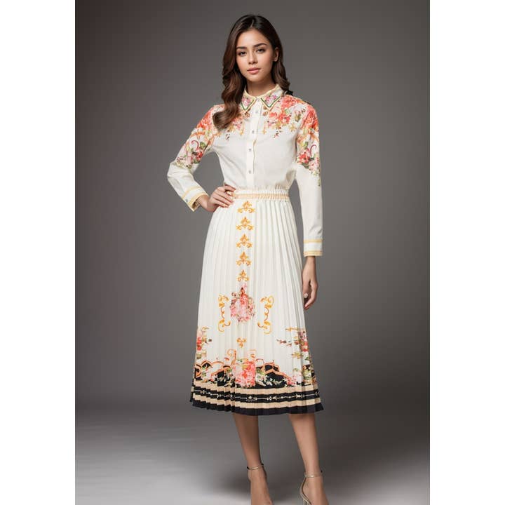 Completo a due pezzi stampato floreale 28Y: camicia slim fit e gonna a pieghe per la vendita all'ingrosso da parte di Productseeker