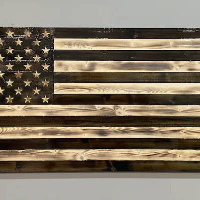 Large Burnt/Distressed Black & White Wood American Flag for wholesale by Full Woodworking, LLC