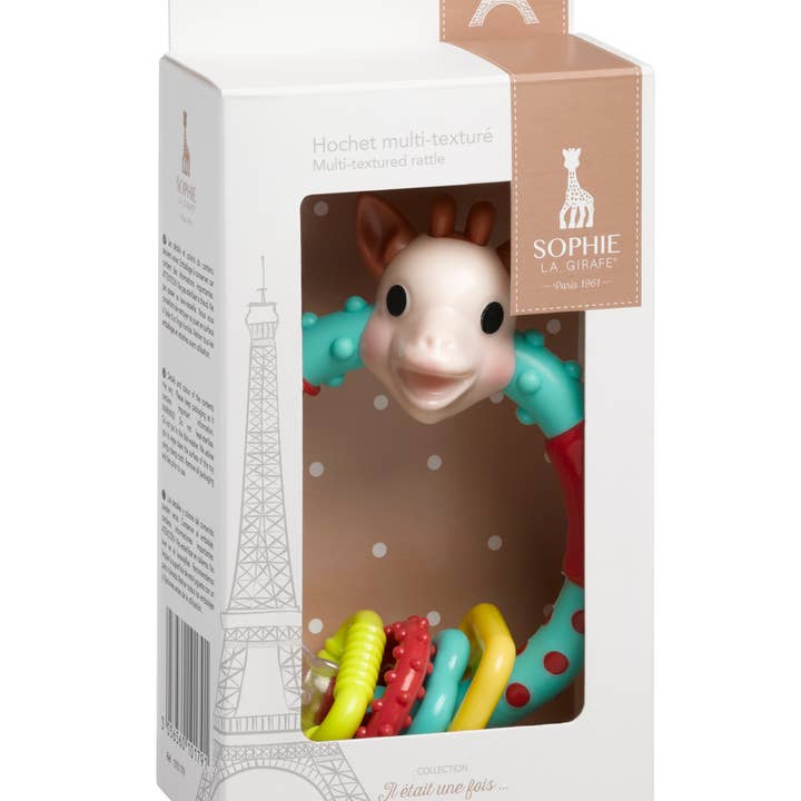 Hochet multi-texturé
Multi-textured rattle for wholesale by Sophie la Girafe by Calisson Toys.