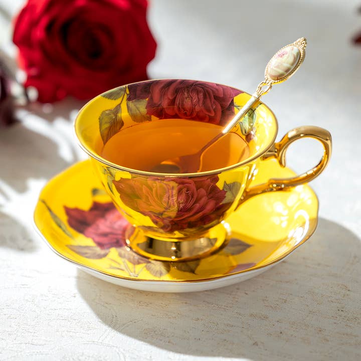 Grace Teaware - Wholesale Tea Set - Gold Yellow Stem Rose 7oz Bone China Tea Cup and Saucer