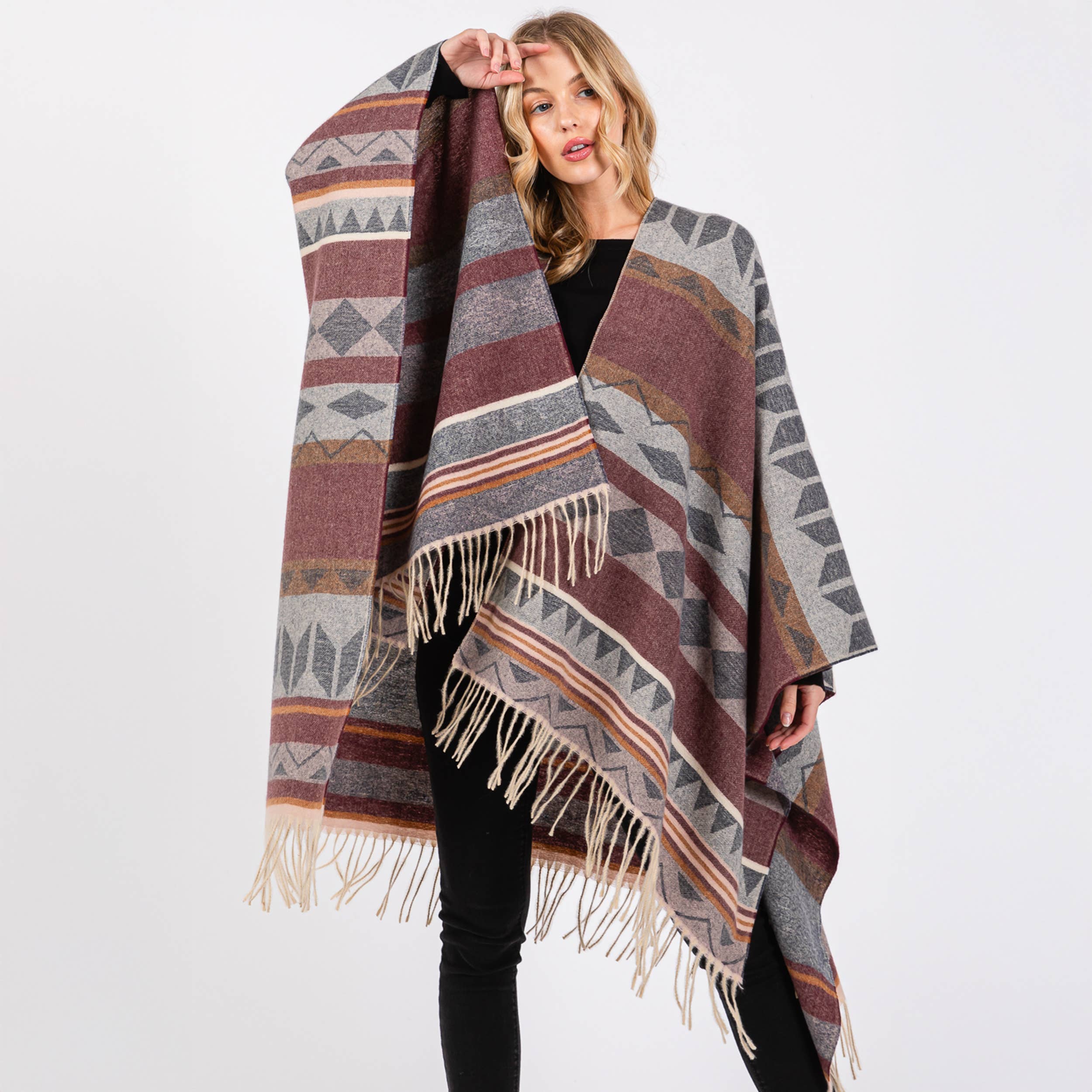 Hana – wholesale Kimono – Women's – Aztec Pattern with Fringe Ruana Winter Kimono8
