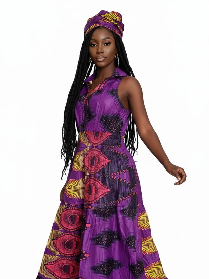Smocked Halter Dress With Scarf Purple Peacock- 3028L for wholesale by India Batik