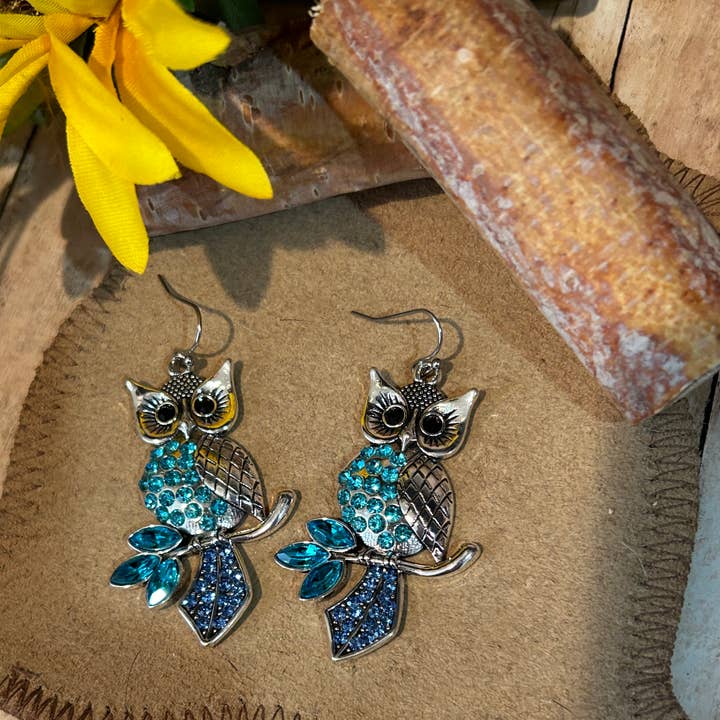Montana Jewelry & Gifts - Wholesale Dangle Earrings - Dangle Owl Earrings with Blue Rhinestones