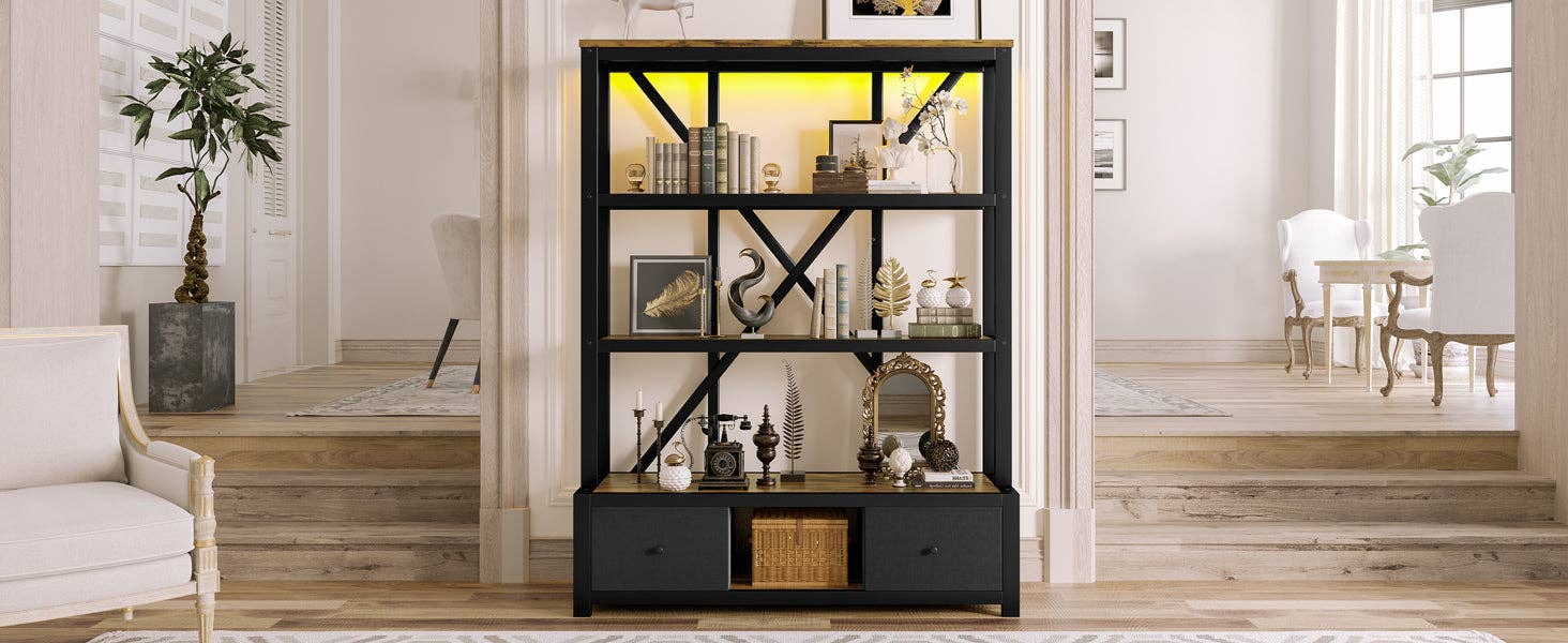 39F Inc. - Wholesale Bookcase - Vintage 3-Shelf Bookcase with Drawers and LED Lighting14