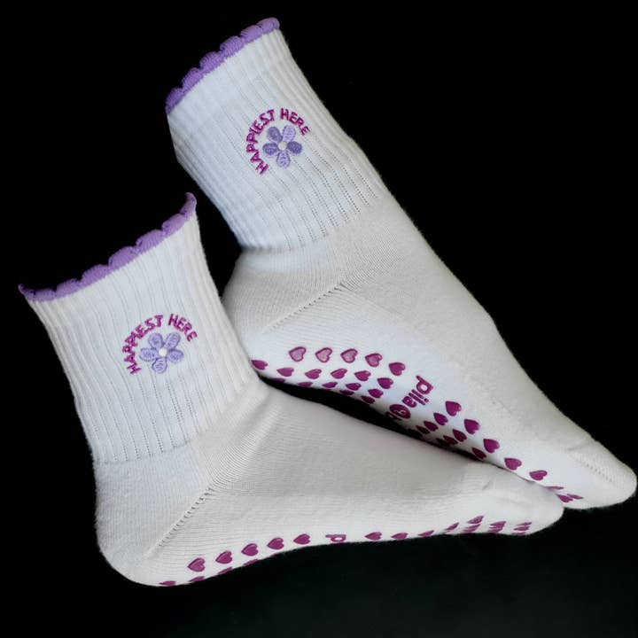 Happiest Here Grip Socks - Purple/White for wholesale by Pilabarre