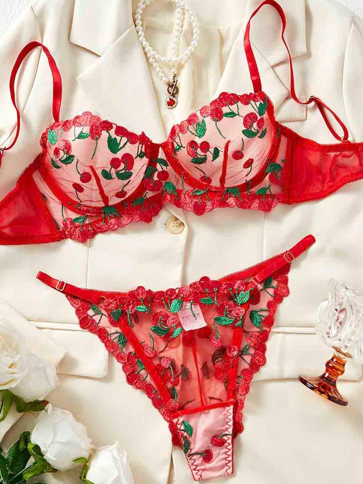 Ladies Cherry Embroidery See Through 2PCS Lingerie Set XX0038 for wholesale by Sweetkama