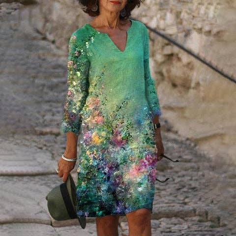KK Bloom - Wholesale Dress - Women's - Summer Women's Printed Fashion V-neck Loose Plus Size Dress