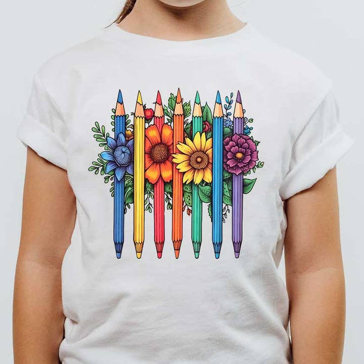 Färgpennor Blommor Skolbarns Grafisk T-shirt för wholesale av Kids By Kissed Apparel