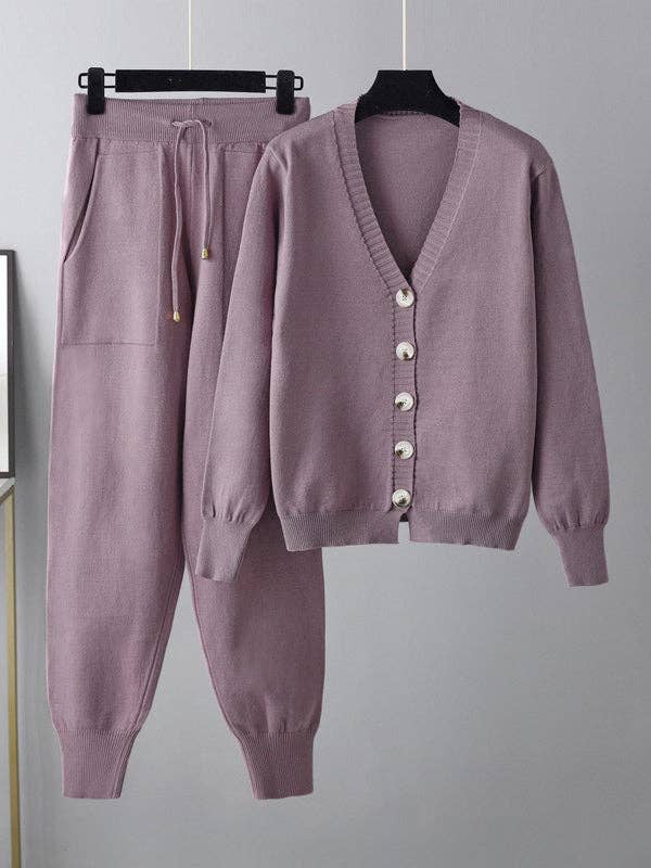 Sheer Trend - Wholesale Top & Pant Set (NOT Loungewear) - Women's - Casual Loose Solid Color V-Neck Cardigan Tops & Harem Pants Two Pieces Set