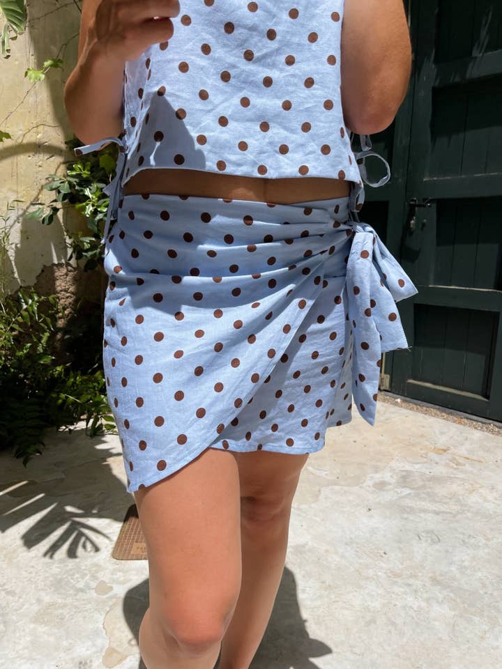 MindTraveler - Wholesale Skirt – Women’s - Macarena Skirt with Light Blue and Brown Polka Dots4