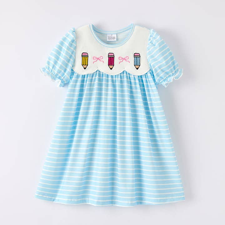 Girls Back To School Blue Stripes Pencil Embroidered Dress for wholesale by Auraquise