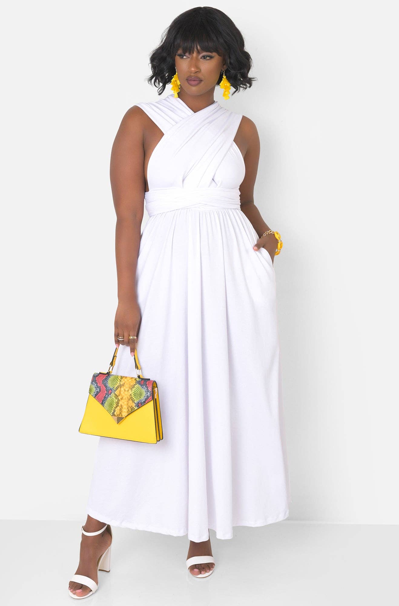 White Dreamy Sleeveless V Neck Multiway Skater Maxi Dress W. Pockets for wholesale on Faire11