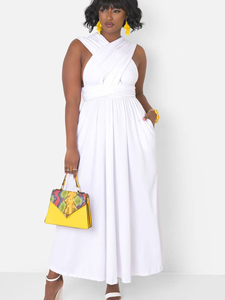 White Dreamy Sleeveless V Neck Multiway Skater Maxi Dress W. Pockets for wholesale on Faire11