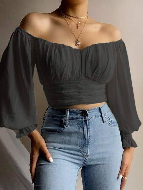 Flarix - Wholesale Blouse – Women’s - off shoulder ruched lantern sleeve crop top4