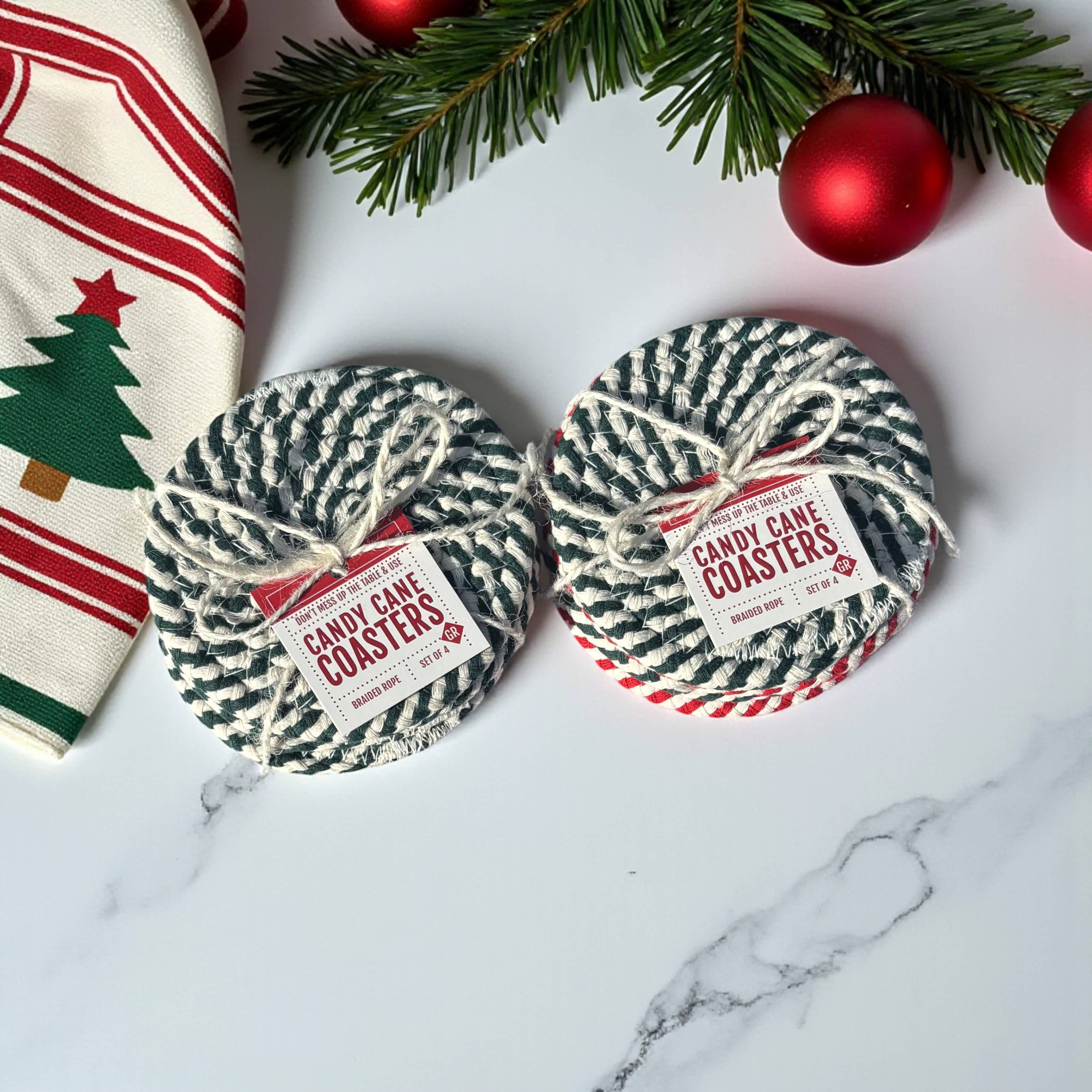Gia Roma - Wholesale Coasters - Christmas Coasters, Red Candy Cane Braided Cotton Fabric Set38