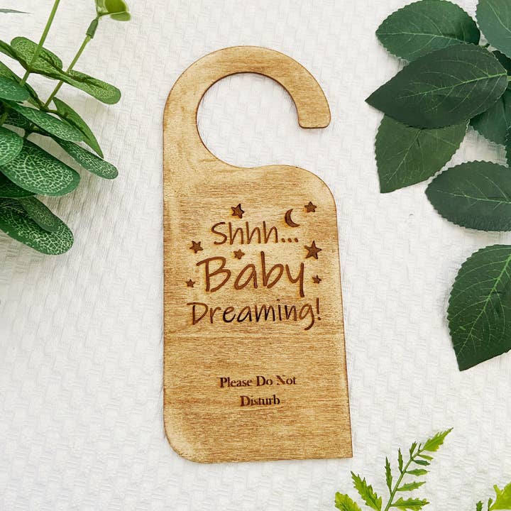 Shh Baby Dreaming.. Laser Engraved Door Hanger, Nursery, for wholesale by Knotty_baby