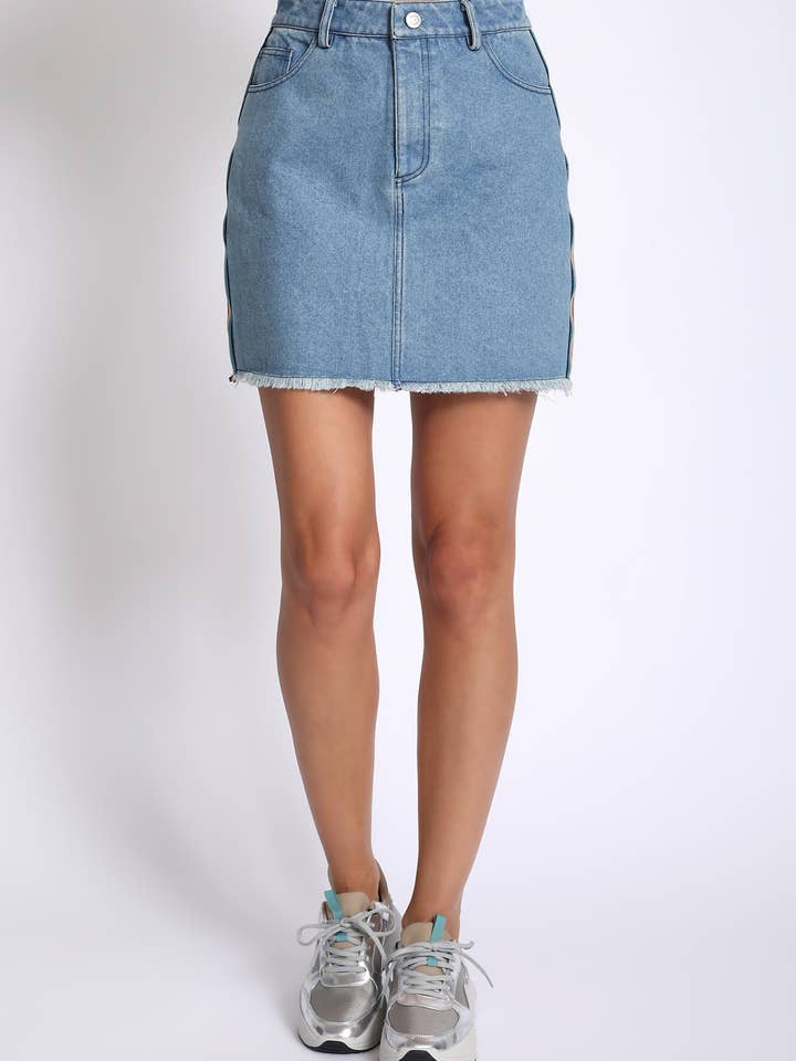 DENIM RAINBOW SIDE STRIPE SKIRT - OSS320-DNM for wholesale on Faire1