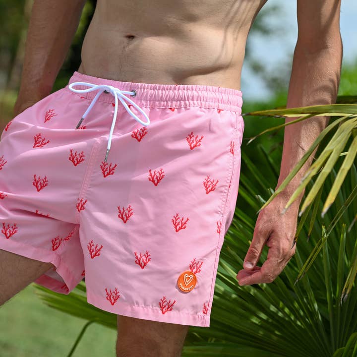 Calção de Banho Homem - Rosa Coral com padrão coral por atacado de Vendredi