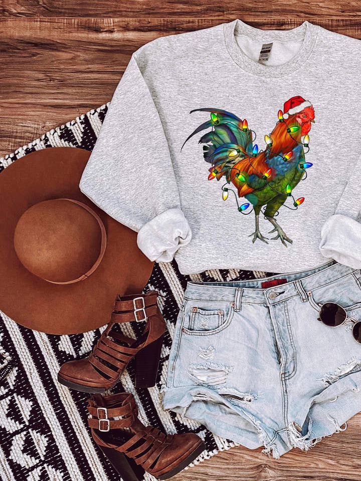 Colorful rooster Christmas sweatshirt for wholesale by Buckin Barn Wholesale