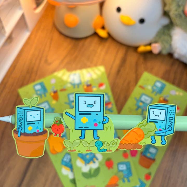 BMO Gardening Glossy Sticker Sheet for wholesale by LulunaGhost