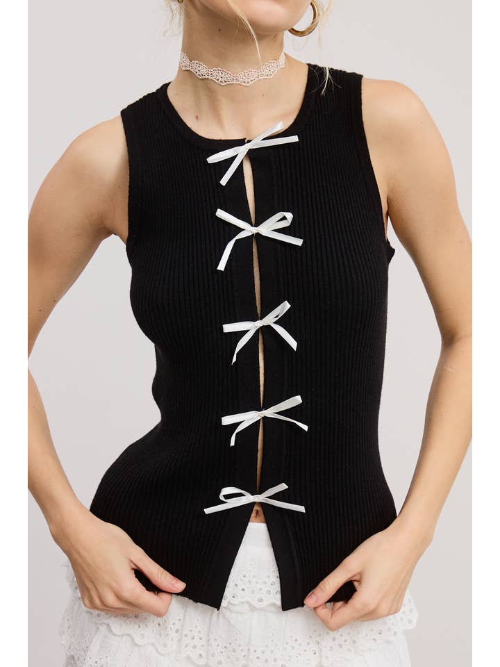 Mimosa - Wholesale Tank Top - Women's - Vintage Bow Ribbon Detail Knit Sweater Tank Top11