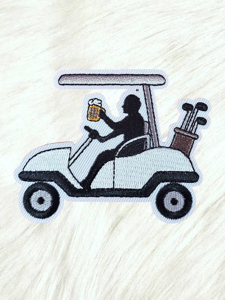 Golf Cart Beer Drinking Embroidery Iron On Patch for wholesale by Scratch Decor