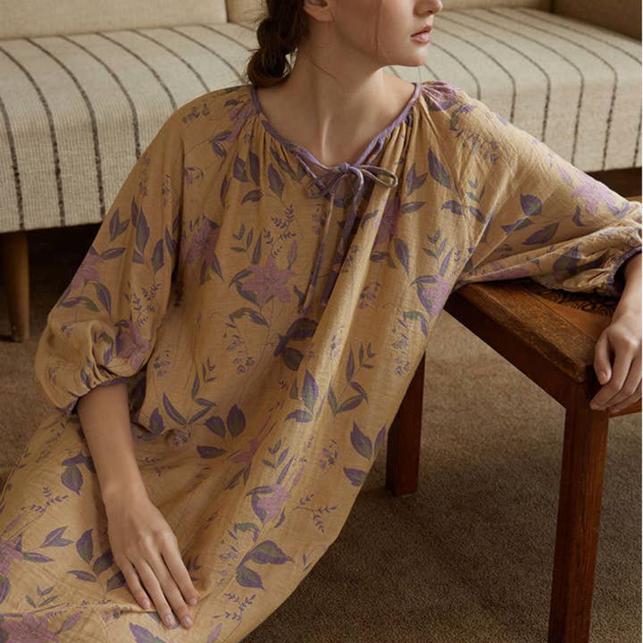 Women Floral Night Dress – Relaxed Fit with Puff Sleeves for wholesale by DrifWoo