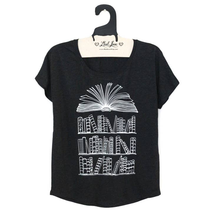 Black Dolman Top with Book Print for wholesale by Mad Love Shop