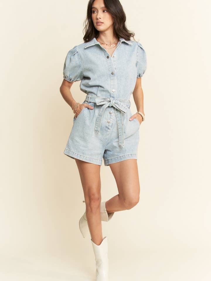 LIGHT DENIM FEATURING SHORT PUFF SLEEVES ROMPER for wholesale on Faire7