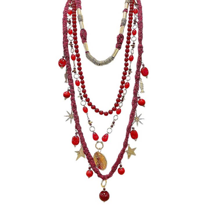 MULTI CHARM BEADED LAYERED NECKLACE, IN 3639 for wholesale by JOIA ACCESSORIES