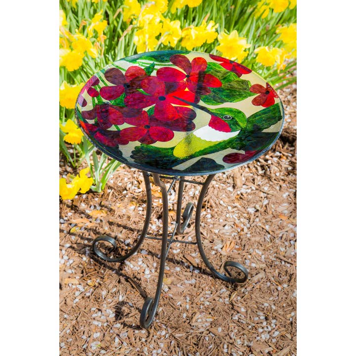 16" Glass bird bath w/ Stand, Hummingbird for wholesale by Evergreen Enterprises