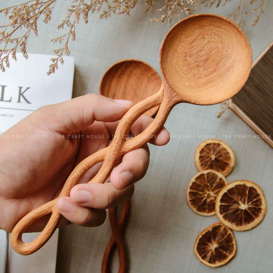 194 Craft House - Wholesale Serving Utensil - Twisted Handle Wooden Salad Servers - 9" - Spoon & Fork Set6