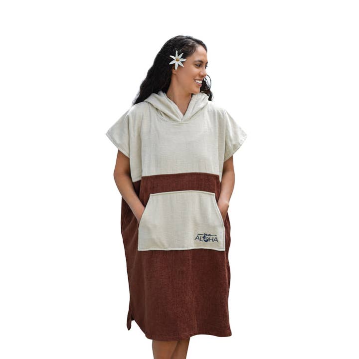 REMOVED BRAND - Wholesale Poncho - Unisex - Terry Velour Surf Poncho (Bone/Brown)