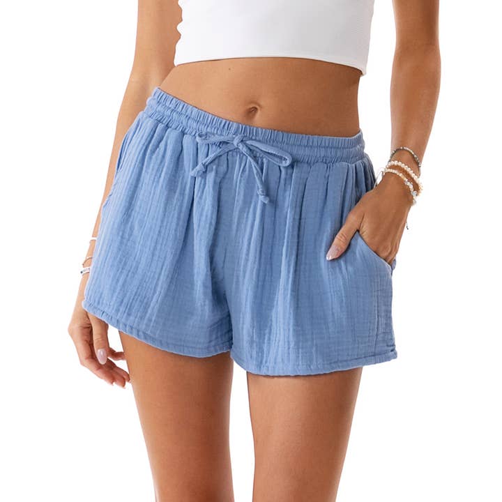 Denim Blue Cotton Cabana Shorts for wholesale by Lotus and Luna