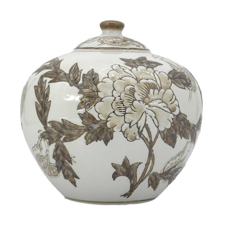 Brown & White Floral Ceramic Chinoiserie Ginger Jar 8" for wholesale by Galt International Company