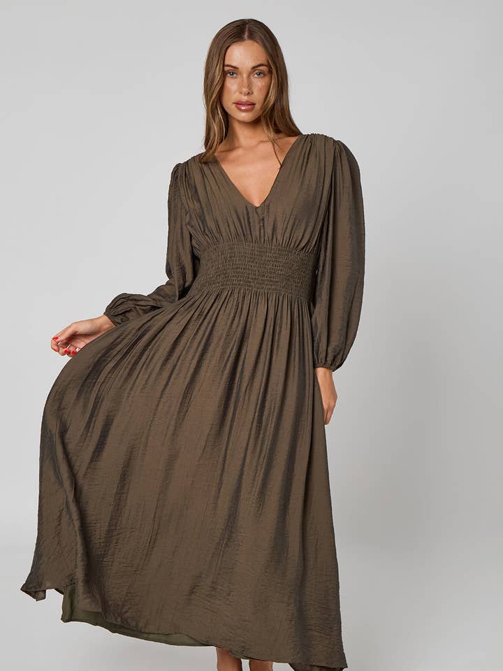 Khaki Sleeved Elasticated Waist Maxi Dress for wholesale by Urban Bliss