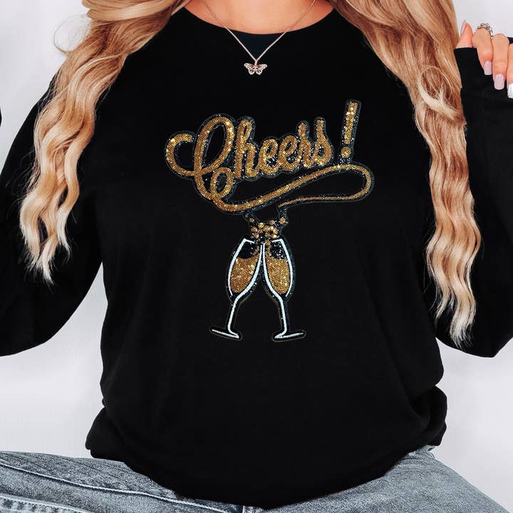 CHEERS! Champaign Sequin Patch Everyday Long Sleeve Tee for wholesale by Trendy Tee Co.