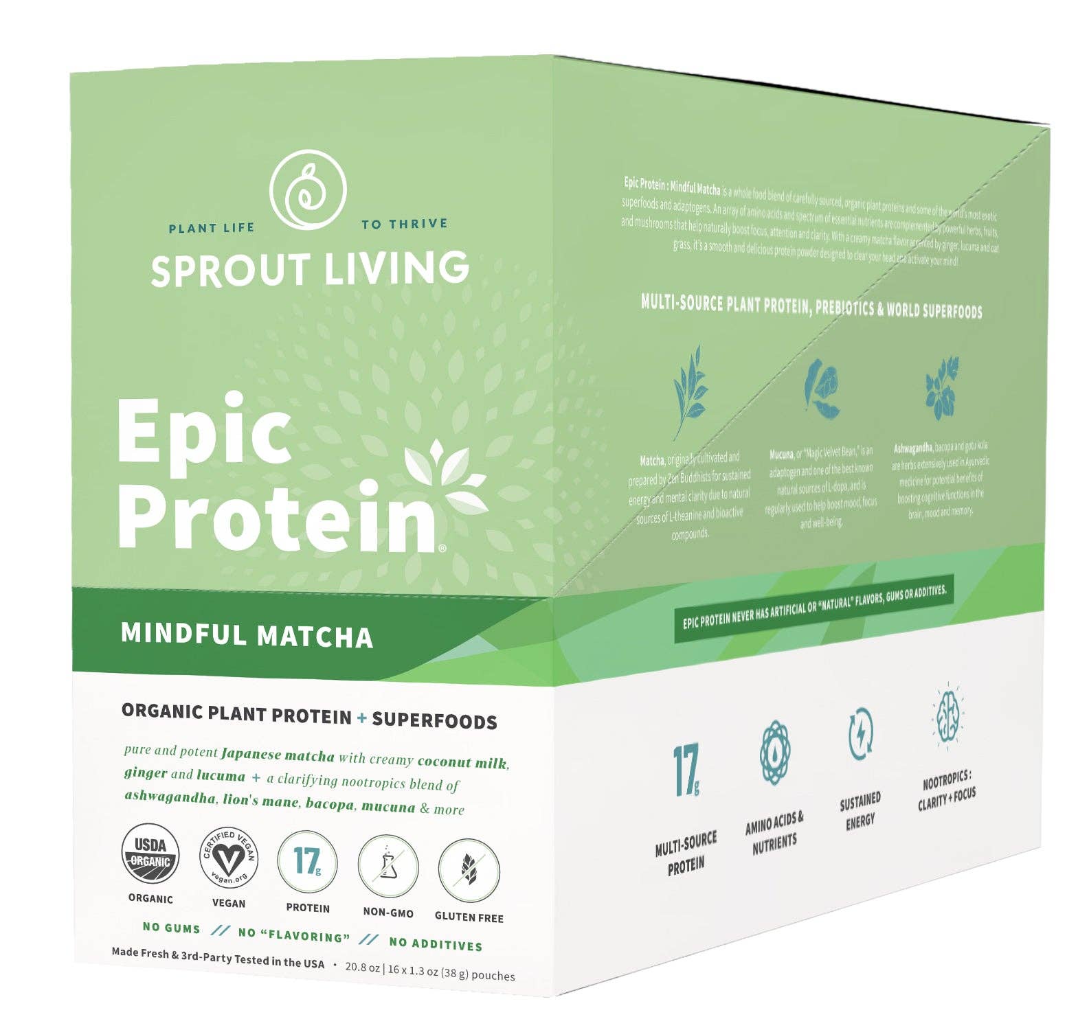 Sprout Living - Wholesale Protein/Superfood Powder - Epic Protein | Organic Plant Protein, Mindful Matcha 16CT DB