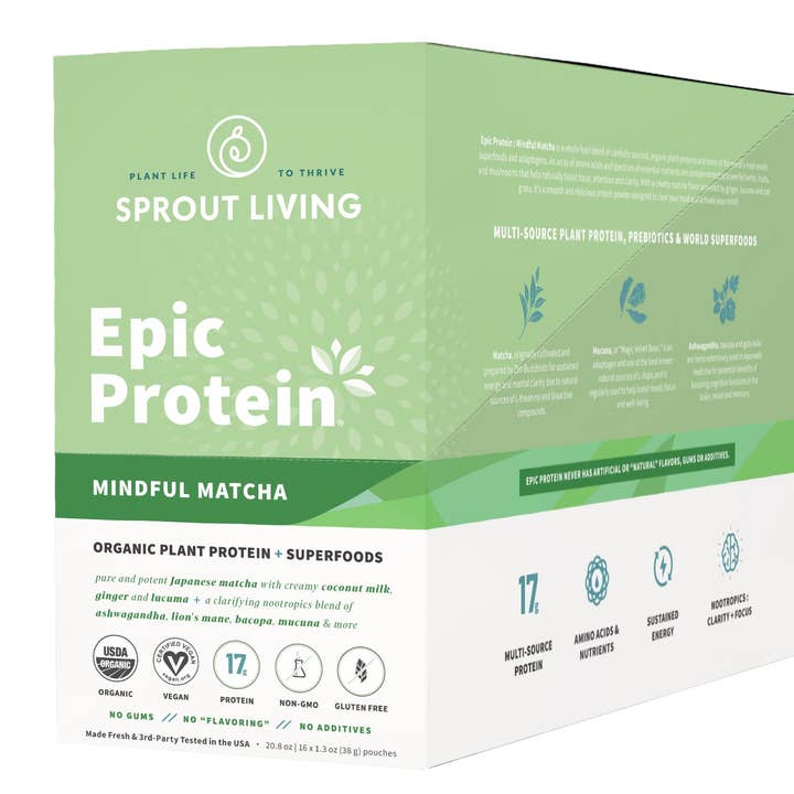 Sprout Living - Wholesale Protein/Superfood Powder - Epic Protein | Organic Plant Protein, Mindful Matcha 16CT DB0