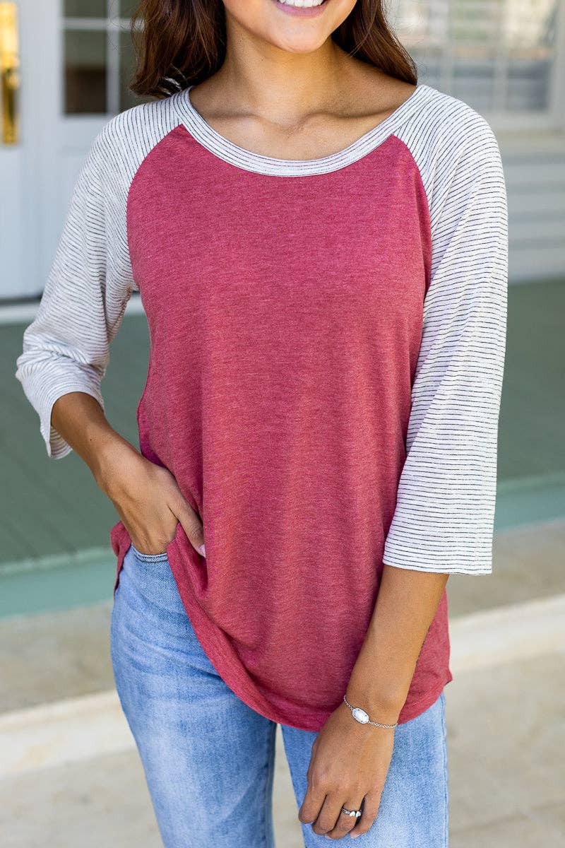 ROT Blanko Raglan, verblasst, rot-grau gestreift für den Großhandel auf Faire5